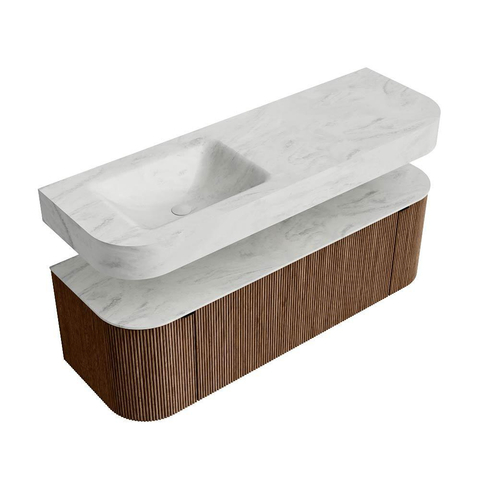MONDIAZ THOR-DLUX 140cm badmeubel ronding links + rechts kleur Walnut met 1 lade en 2 deuren. Vrijhangende wastafel CLOUD Links 1 kraangat kleur Opalo. SW1464097