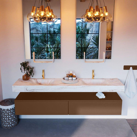 Mondiaz ALAN-DLUX Ensemble de meuble - 200cm - meuble Rust mat - 2 tiroirs - Lavabo Cloud Frappe suspendu - vasque Gauche et droite - 2 trous de robinet SW805335