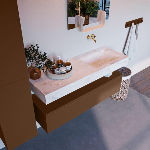 Mondiaz ALAN-DLUX Ensemble de meuble - 130cm - meuble Rust mat - 1 tiroir - Lavabo Cloud Ostra suspendu - vasque Droite - 0 trous de robinet SW807547