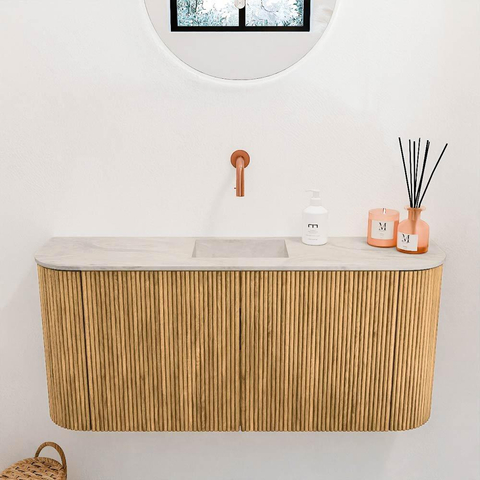 Mondiaz JOYA-DLUX 93.2cm toiletmeubel - ronding links en rechts kleur Oak - Wastafel FAYE positie Midden Zonder kraangat kleur Ostra. SW1422264
