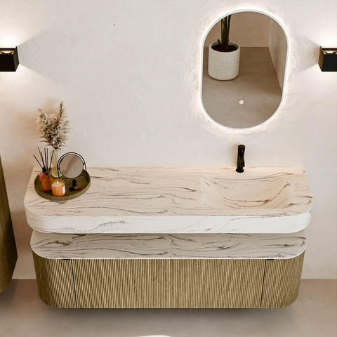 MONDIAZ THOR-DLUX 160cm meuble de salle de bains arrondi gauche + droite couleur Dusk avec 1 tiroir et 2 portes. Vasque suspendue CLOUD droite 1 trou de robinet couleur Nata. SW1465286