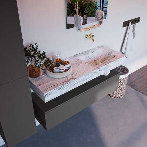 Mondiaz ALAN-DLUX Ensemble de meuble - 130cm - meuble Dark grey mat - 1 tiroir - Lavabo Cloud Glace suspendu - vasque Droite - 0 trous de robinet SW805939