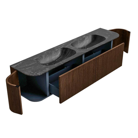 MONDIAZ KURVE-DLUX meuble de salle de bains 190cm avec module 25 Len R couleur Walnut avec 2 tiroirs et 2 portes. Vasque STOR SMALL double 2 trous de robinet couleur Lava. SW1137298