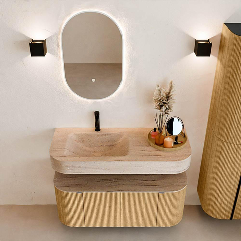 MONDIAZ THOR-DLUX 110cm badmeubel ronding links + rechts kleur Oak met 1 lade en 2 deuren. Vrijhangende wastafel CLOUD Links 1 kraangat kleur Saba. SW1462992