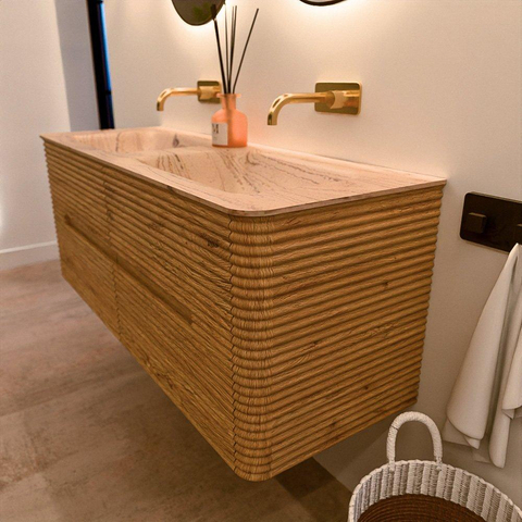 Mondiaz CIRO-DLUX Badkamermeubelset - 130x45x50cm - Solid surface wastafel Arena - 2 wasbak Dubbel - zonder kraangaten - 4 lades - Oak SW1533788