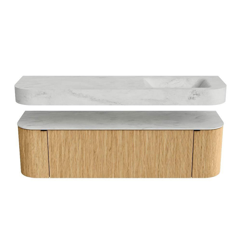 MONDIAZ THOR-DLUX 160cm badmeubel ronding links + rechts kleur Oak met 1 lade en 2 deuren. Vrijhangende wastafel CLOUD Rechts zonder kraangat kleur Opalo. SW1464985