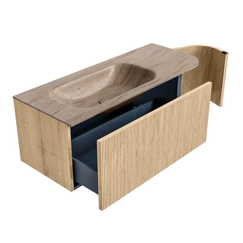 MONDIAZ KURVE-DLUX 115cm badmeubel ronding Rechts kleur Oak met 1 lade en 1 deur. Wastafel BIG SMALL Links 1 kraangat Saba. SW1433080