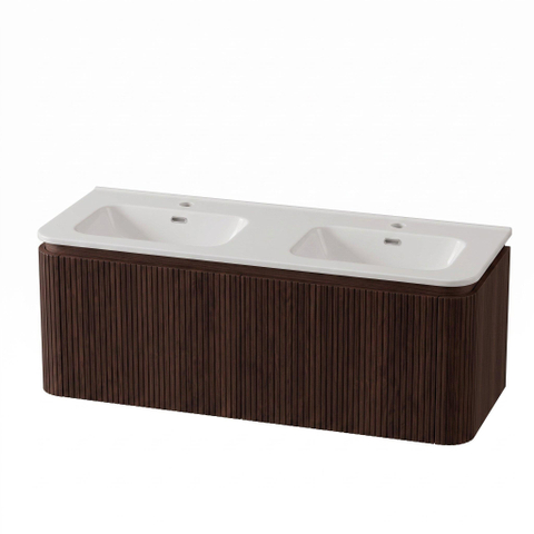 Royal Plaza Terra Edge Ensemble meuble de salle de bains - 120x45.5x46cm - vasque en céramique blanc brillant - 2 vasques - 2 trous de robinet - 2 tiroirs - châtaignier (noyer) SW1471941