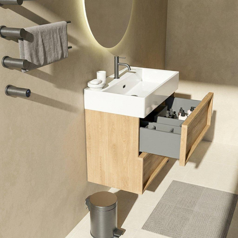 Saniclass Holz Frame Badkamermeubelset - 80x45x72cm - Legend keramische wastafel mat wit - 1 wasbak - 1 kraangat - 2 lades - mat eiken natural (hout) SW1580077