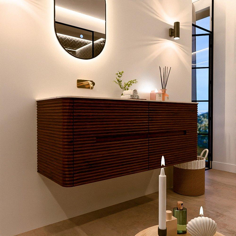 Mondiaz CIRO-DLUX Ensemble meuble de salle de bains - 130x45x50cm - lavabo solid surface Nata - 1 vasque à gauche - sans trous de robinetterie - 4 tiroirs - Ruby SW1532042