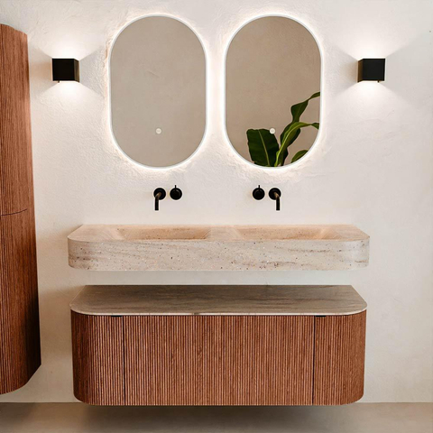 MONDIAZ THOR-DLUX 130cm meuble de salle de bains arrondi gauche + droite couleur Ruby avec 1 tiroir et 2 portes. Vasque suspendue CLOUD Double sans trou de robinet couleur Saba. SW1464073