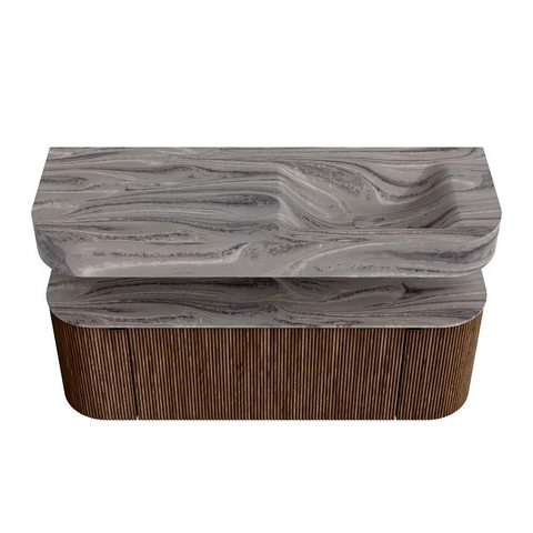 MONDIAZ THOR-DLUX 130cm meuble de salle de bains arrondi gauche + droite couleur Walnut avec 1 tiroir et 2 portes. Vasque suspendue CLOUD Droite 1 trou de robinet couleur Sombra. SW1464060