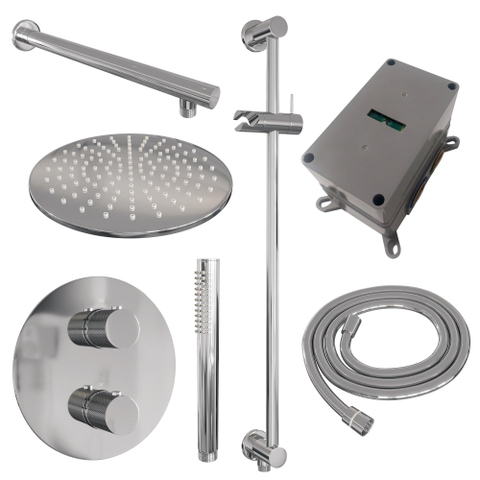 BRAUER Chrome Carving thermostatische Inbouw Regendouche - 3-weg - rond - set 86 - 30cm hoofddouche - rechte muurarm - staaf handdouche - doucheslang - geïntegreerde glijstang - chroom SW1158998