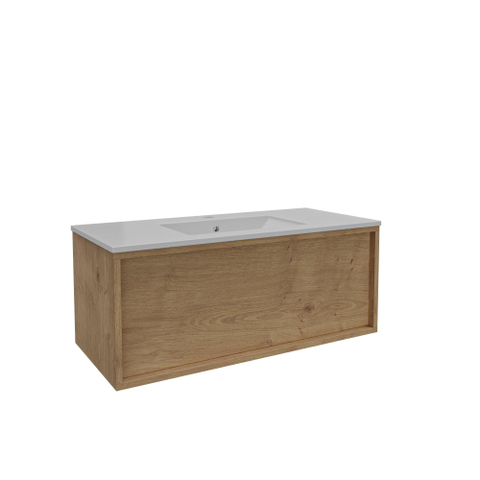 Saniclass Holz Frame Ensemble de meuble de salle de bains - 100x45x42cm - Vasque Vygo en céramique - 1 vasque - 1 trou de robinet - avec trop-plein - 1 tiroir - chêne natural mat (bois) SW1441836