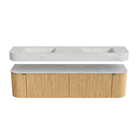 MONDIAZ THOR-DLUX 180cm meuble de salle de bains arrondi gauche + droite couleur Oak avec 2 tiroirs et 2 portes. Vasque suspendue CLOUD Double 2 trous de robinet couleur Opalo. SW1465905