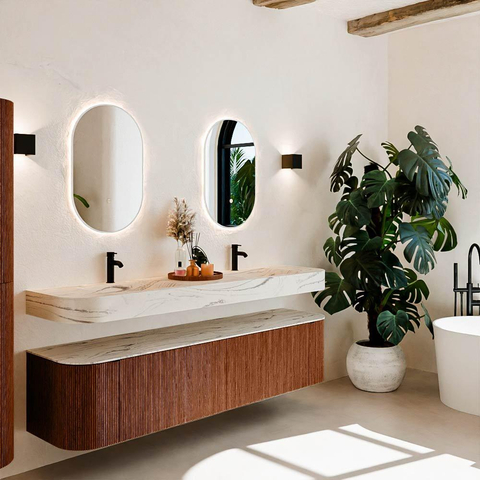 MONDIAZ THOR-DLUX Meuble de salle de bains - 190cm - arrondi gauche + droite - couleur Ruby - 2 tiroirs et 2 portes - Vasque suspendue CLOUD Double 2 trous de robinet - couleur Nata SW1466795