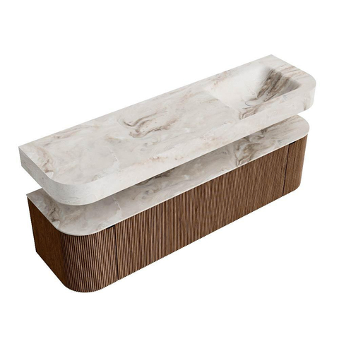 MONDIAZ THOR-DLUX 170cm badmeubel ronding links + rechts kleur Walnut met 1 lade en 2 deuren. Vrijhangende wastafel CLOUD Rechts 1 kraangat kleur Frappe. SW1465555