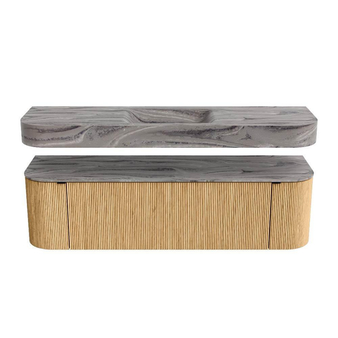MONDIAZ THOR-DLUX 160cm meuble de salle de bains arrondi gauche + droite couleur Oak avec 1 tiroir et 2 portes. Vasque suspendue CLOUD Centre sans trou de robinet couleur Sombra. SW1465379