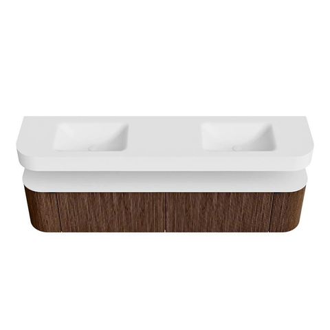 MONDIAZ THOR 200cm badmeubel ronding links + rechts kleur Walnut met 2 lades en 2 deuren. Vrijhangende wastafel CLOUD Dubbel zonder kraangat kleur Talc. SW1466982