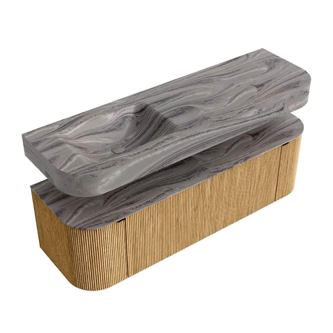 MONDIAZ THOR-DLUX 150cm badmeubel ronding links + rechts kleur Oak met 1 lade en 2 deuren. Vrijhangende wastafel CLOUD Links 1 kraangat kleur Sombra. SW1464960