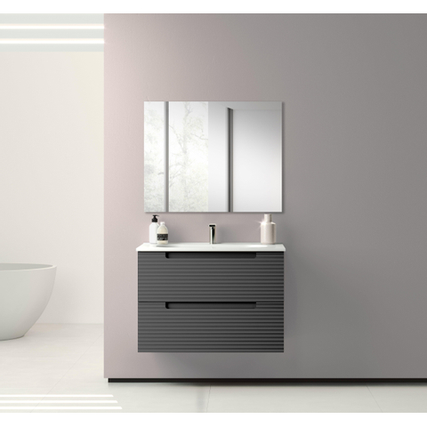 Saniclass Prime Balance Meuble de salle de bain - 80x55x45cm - 1 vasque rectangulaire en céramique blanc - 1 trou de robinet - 2 tiroirs - miroir rectangulaire - mat anthracite SW916153