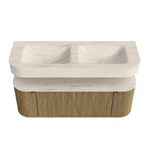 MONDIAZ THOR-DLUX 130cm meuble de salle de bains arrondi gauche + droite couleur Dusk avec 1 tiroir et 2 portes. Vasque suspendue CLOUD Double 2 trous de robinet couleur Meli. SW1463811