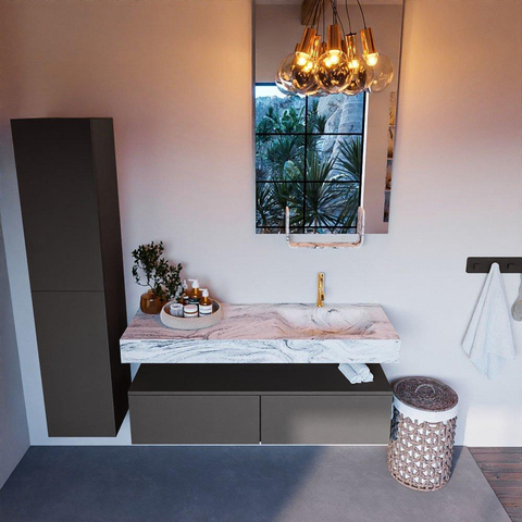 MONDIAZ ALAN - DLUX Badkamermeubelset - 130cm - onderkast - Dark grey - 2 lades - vrijhangende wastafel - wasbak rechts - 1 kraangat - Glace SW805704