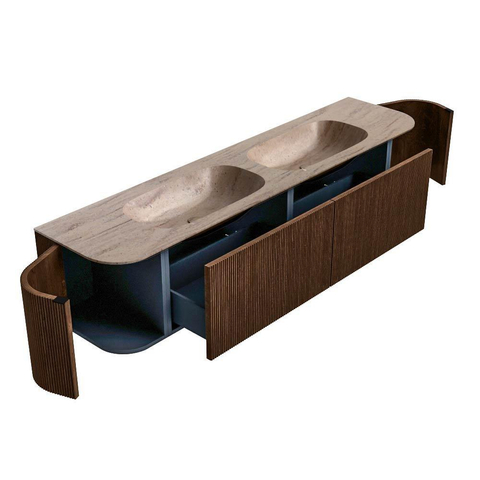 MONDIAZ KURVE-DLUX Meuble de salle de bains 190cm arrondi Gauche + Droite couleur Walnut avec 2 tiroirs et 2 portes. Lavabo STOR SMALL Double 2 trous de robinet Saba. SW1433225