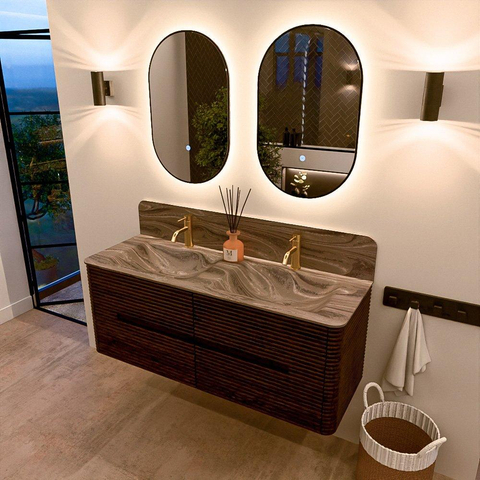 Mondiaz CIRO-DLUX Badkamermeubelset - 130x45x50cm - Solid surface wastafel Sombra - 2 wasbak Dubbel - 2 kraangaten - 4 lades - Walnut SW1530750