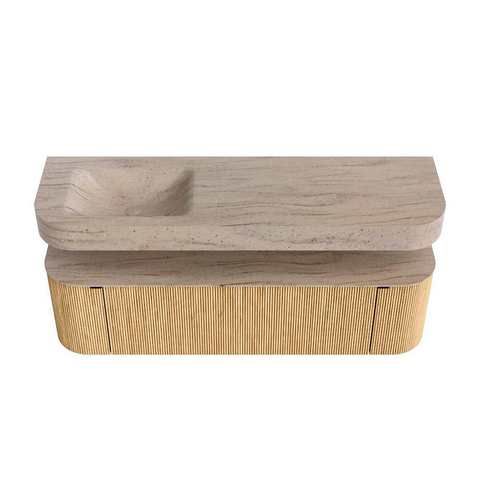 MONDIAZ THOR-DLUX 160cm meuble de salle de bains arrondi gauche + droite couleur Oak avec 1 tiroir et 2 portes. Vasque suspendue CLOUD Gauche sans trou de robinet couleur Saba. SW1465332