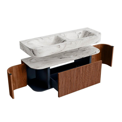 MONDIAZ THOR-DLUX 130cm meuble de salle de bains arrondi gauche + droite couleur Ruby avec 1 tiroir et 2 portes. Vasque suspendue CLOUD Double sans trou de robinet couleur Glace. SW1463757
