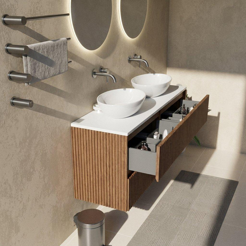 Saniclass Holz Atelier Ensemble de meubles de salle de bains - 140x45x62.5cm - Plan Torino en solid surface blanc - sans trou de robinetterie - 4 tiroirs - walnut pure mat (bois) SW1478721