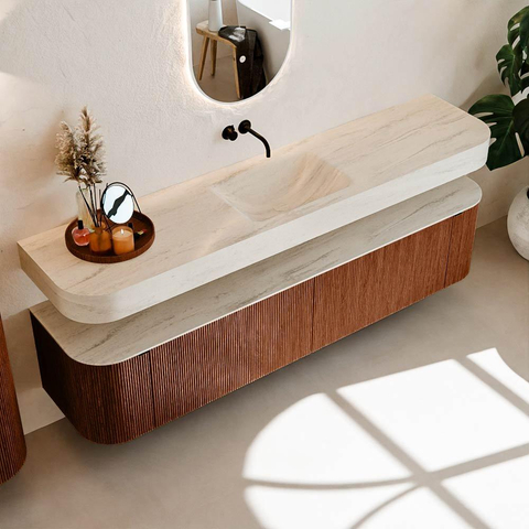 MONDIAZ THOR-DLUX Meuble de salle de bains - 200cm - arrondi gauche + droite - couleur Ruby - 2 tiroirs et 2 portes - Vasque suspendue CLOUD Milieu sans trou de robinet couleur Meli SW1467133