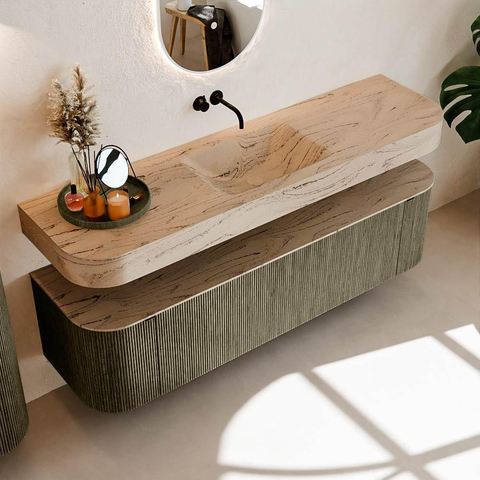 MONDIAZ THOR-DLUX 170cm meuble de salle de bains arrondi gauche + droite couleur Shadow avec 1 tiroir et 2 portes. Vasque suspendue CLOUD Milieu sans trou de robinet couleur Arena. SW1465735