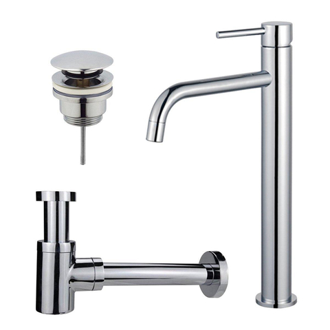 Fortifura Calvi Slim Wastafelkraanset - verhoogde wastafelkraan - klikwaste plug - verlaagde design - sifon - hoogglans chroom SW891957