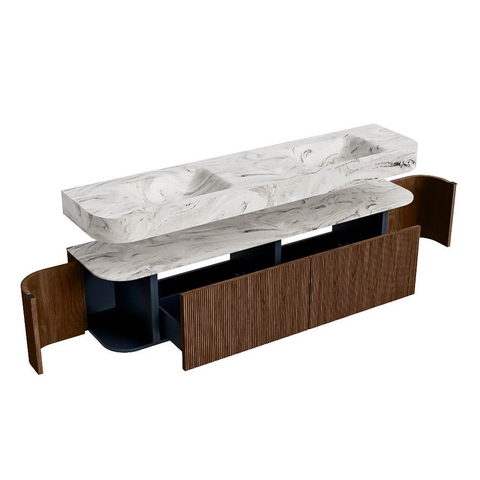 MONDIAZ THOR-DLUX 190cm badmeubel ronding links + rechts kleur Walnut met 2 lades en 2 deuren. Vrijhangende wastafel CLOUD Dubbel zonder kraangat kleur Glace. SW1466410