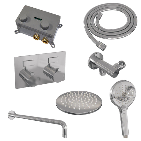 BRAUER Chrome Edition Douche de pluie thermostatique encastrée - boutons-poussoirs - SET 57 - tête de douche 20 cm - bras mural courbé - douchette 3 jets - flexible de douche - coude de raccordement mural - chrome SW925539