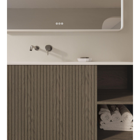 Thebalux Linea Ensemble de meubles de salle de bains - 120x55x46cm - 1 tiroir - sans poignée - Façade rainurée verticale - lavabo Corian - gauche - sans trou de robinetterie - Placage Natural SW1239570