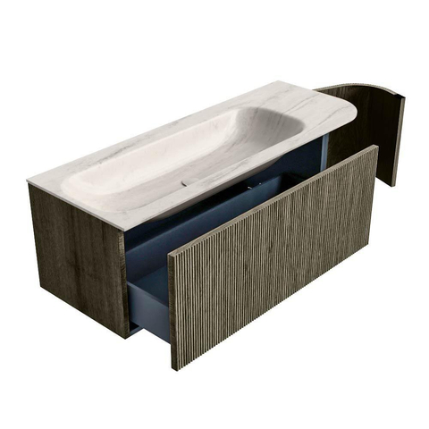 MONDIAZ KURVE-DLUX 125cm meuble de salle de bains arrondi Droite couleur Shadow avec 1 tiroir et 1 porte. Lavabo BIG MEDIUM Gauche 1 trou de robinet Meli. SW1431803