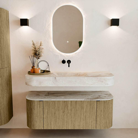 MONDIAZ THOR-DLUX 120cm badmeubel ronding links + rechts kleur Dusk met 1 lade en 2 deuren. Vrijhangende wastafel CLOUD Midden zonder kraangat kleur Frappe. SW1463243