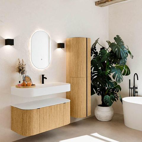 MONDIAZ THOR 100cm meuble de salle de bains arrondi gauche + droite couleur Oak avec 1 tiroir et 2 portes. Vasque suspendue CLOUD Droite 1 trou de robinet couleur Talc. SW1467299