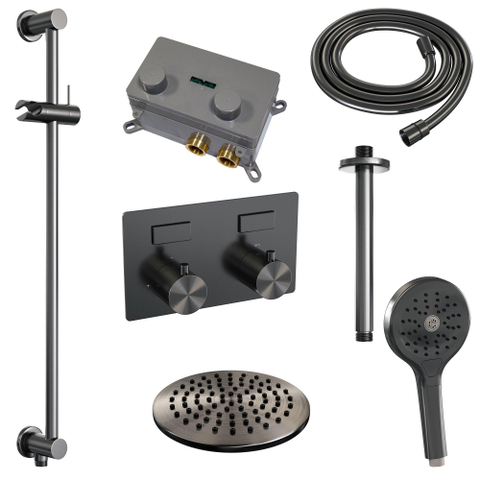 BRAUER gunmetal Edition Thermostatische Regendouche inbouw - drukknoppen - SET 71 - 20cm hoofddouche - plafondarm - 3 standen handdouche - doucheslang - geïntegreerde glijstang - gunmetal geborsteld PVD SW925737