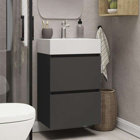Xellanz Mini onderkast met 2 laden 45 cm mat zwart en wastafel keramiek glans wit SW917262