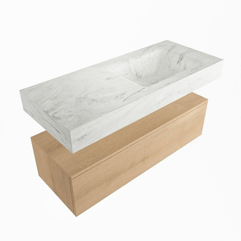 Mondiaz ALAN-DLUX Ensemble de meuble - 110cm - meuble Washed Oak mat - 1 tiroir - Lavabo Cloud Opalo suspendu - vasque Droite - 0 trous de robinet SW808661