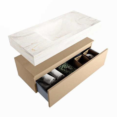 Mondiaz ALAN-DLUX Ensemble de meuble - 100cm - meuble Oro mat - 1 tiroir - Lavabo Cloud Ostra suspendu - vasque Centre - 0 trous de robinet SW807585