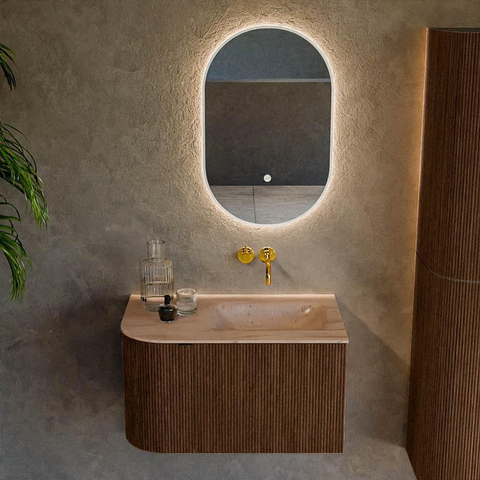 MONDIAZ KURVE-DLUX meuble de salle de bains 75 cm courbure Gauche couleur noyer avec 1 tiroir et 1 porte. Lavabo GRUNNE Droit sans trou de robinet Saba. SW1433128