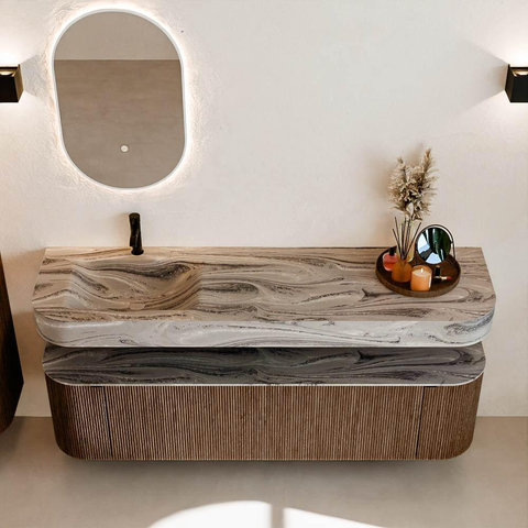 MONDIAZ THOR-DLUX 170cm badmeubel ronding links + rechts kleur Walnut met 1 lade en 2 deuren. Vrijhangende wastafel CLOUD Links 1 kraangat kleur Sombra. SW1465836