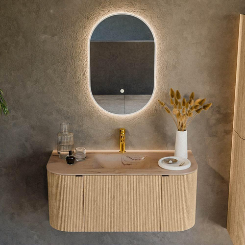MONDIAZ KURVE-DLUX Meuble de salle de bains 100cm arrondi Gauche + Droite couleur Chêne avec 1 tiroir et 2 portes. Lavabo GRUNNE Central 1 trou de robinet Arena. SW1431073