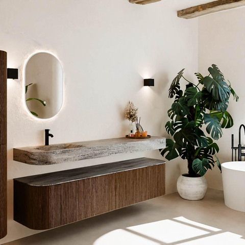 MONDIAZ THOR-DLUX Meuble de salle de bains - 190cm - arrondi gauche + droite - couleur Walnut - 2 tiroirs et 2 portes - Vasque suspendue CLOUD Gauche 1 trou de robinet couleur Oza SW1466802