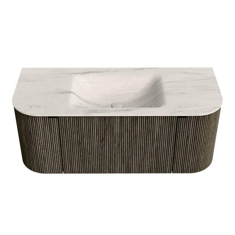 MONDIAZ KURVE-DLUX 110cm badmeubel ronding Links + Rechts kleur Shadow met 1 lade en 2 deuren. Wastafel CLOUD Midden zonder kraangat Meli. SW1434023